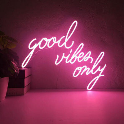 Pink good vibes only LED neon sign, perfect for any room, colorful LED neon sign, get in touch for any custom LED neon sign enquiries you may have, London neon will help you create any custom LED neon sign designs you might have. our LED neon signs are the most affordable on the market and we will price beat any other UK LED neon sign quote. check out our pre made LED neon signs in our LED neon sign store